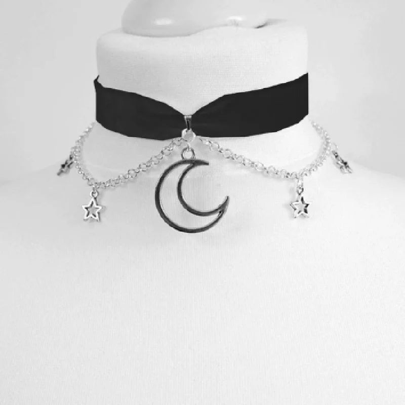 Goth Black Moon Chain Choker - Black