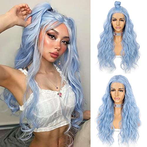 SAPPHIREWIGS Blue Wavy Lace Front Wig Long Hair Ice Blue Wigs for Women Heat Resistant Hair Daily Use Cosplay Party Halloween Wig 24inch - Ice Blue