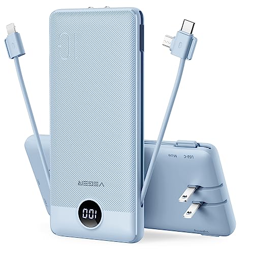 VEGER Portable Charger for iPhone Built in Cables and Wall Plug, 10000mah Slim Fast Charging USB C Power Bank, Travel Essential Battery Pack Compatible with iPhone, iPad, Samsung More Devices(Black) - D Blue