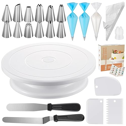 Kootek 71PCs Cake Decorating Supplies Kit with Revolving Cake Stand Turntable, 12 Numbered Icing Piping Tips, 2 Spatulas, 3 Icing Comb Scraper, 50+2 Piping Bags, and 1 Coupler for Baking - White