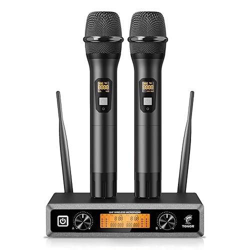 TONOR Wireless Microphone System, Professional Metal Cordless Karaoke Microphones, Handheld Dynamic Mic Set with Receiver for Party, Meeting, KTV, Church, DJ, Wedding, Singing, 200ft, TW820 Black - 2 Mics - Black & Black