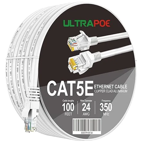 UltraPoE Cat5e Outdoor Ethernet Cable 100ft cat 5e Network Cable, RJ45 cat5 ethernet Cable Cord White, 350MHZ / Gigabit Network UTP LAN Cable - Cat 5e-100ft