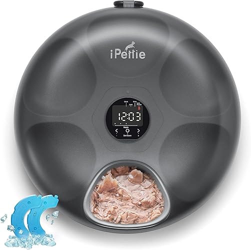 iPettie Donut Frost 6 Meal Cordless Automatic Pet Feeder, Dry & Wet Food Automatic Cat Feeder with Two Ice Packs, Rechargeable Massive Battery, Programmable Timer, Holds 6 x ½ lb. of Food - Black