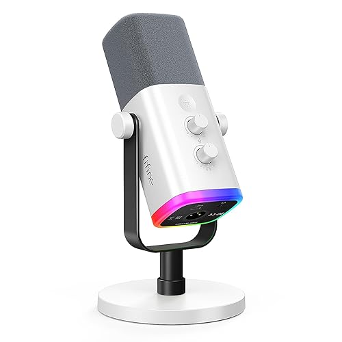 FIFINE XLR/USB Gaming Microphone for Streaming Podcasting, PC Computer RGB Mic, with Gain Knob, Mic Mute, Monitoring Jack, Gamer Mic for Recording Video Creation-AmpliGame AM8 White - White
