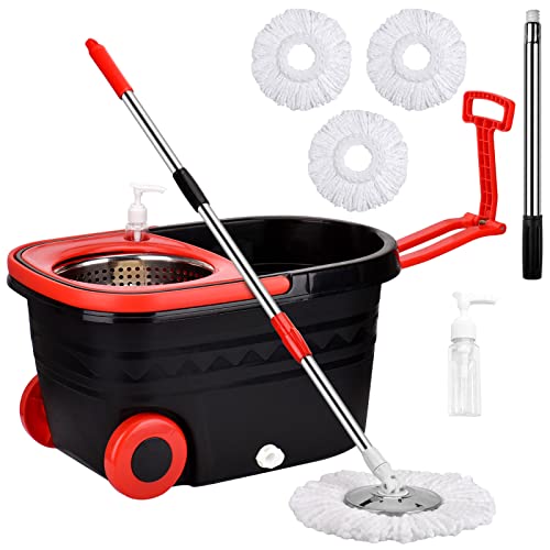 Spin Mop and Bucket with Wringer Set on Wheels, 360° Spinning Mop Bucket System with 3 Microfiber Mop Replacement Heads and 61" Stainless Steel Adjustable Handle for Floor Cleaning (25QT) - Black-2