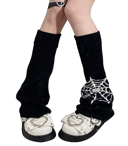 WODECASA Girls Kawaii Leg Warmers Knitted Flared Leg Sleeves Goth Crochet Baggy Cuff Ankle Heap Socks - Pattern - Spider Web - One Size