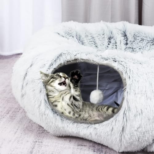 Guuluu Cat Tunnel Bed - Fluffy Cat Bed Cave with Collapsible Donut Tunnel and Washable Mat; Multifunctional Cat Toys with Hanging Balls and Peepholes for Indoor Small Medium Large Cats