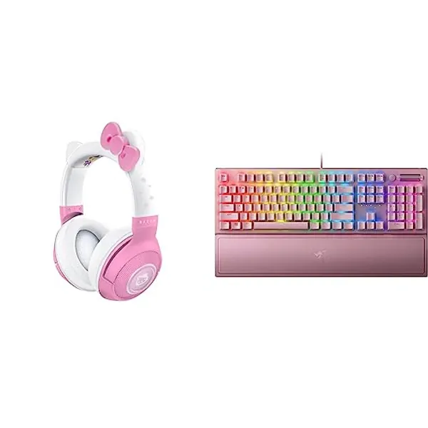 Razer Kraken BT Headset: Bluetooth 5.0-40ms Low Latency Connection & BlackWidow V3 Mechanical Gaming Keyboard: Green Mechanical Switches - Tactile & Clicky - Chroma RGB Lighting - Quartz Pink