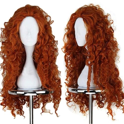 Anogol Hair Cap+Orange Curly Wig For Princess Costume, Copper Wig Red Orange Long For Halloween Costume Cosplay Wig Anime Cosplay, Peluca Rizada Naranja Curly Wig For Halloween Party