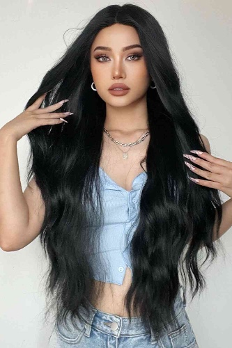 Full Machine Long Wave Synthetic Wigs 28'' - Black / One Size