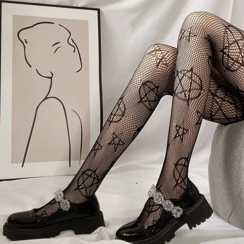 Pentagram Printed Fishnet Tights for Gothic Cospartys - Black