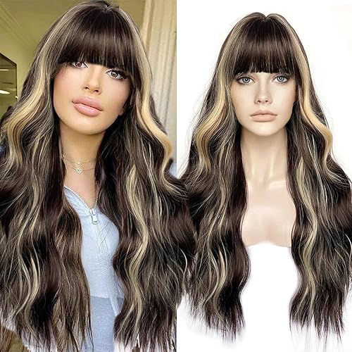 Sallcks Womens Long Curly Wavy Wig Brown Wig with Blonde Highlight Synthetic Heat Resistant Hair Full Wigs for Daily Party Cosplay Costume - Brown Blonde