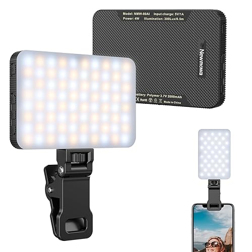Newmowa Black Rechargeable Selfie Light - Portable Clip Video Light for Phone/Laptop/Camera with Smart Light Sensor,3 Light Mode,2000mAh Battery Phone Light for Selfie/Makeup/Video Conference/TikTok - Black