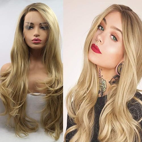 xiweiya Long Ombre Blonde Wig Long Wave Blonde Lace Front Wig Side Part Natrual Hairline Synthetic 13X3 Lace Front Wigs Body Wave Blonde Hair Heat Resistant Fiber Wigs for Women Drag Queen Wig 24 Inch - ombre blonde