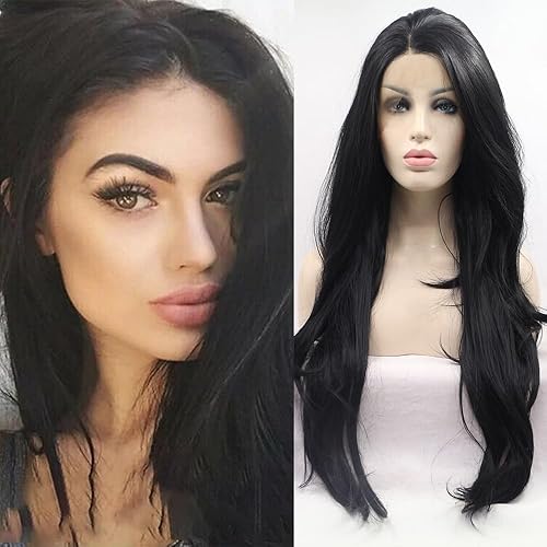 Xiweiya long black wavy wig synthetic lace front wigs wavy for women, Drag Queen with Heat Resistant Fiber Hair Replacement Wig Long Black Hair Side Part 24 inch - Black