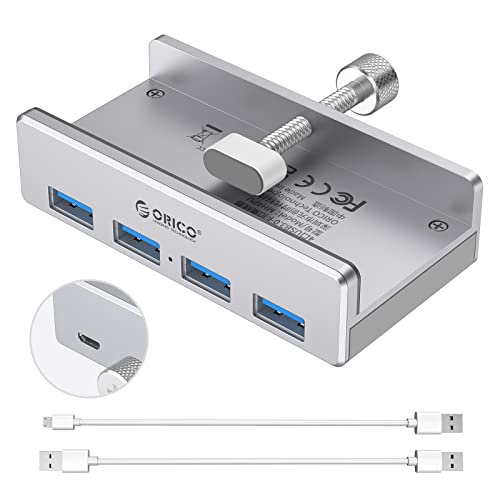 ORICO USB 3.0 Hub, USB Hub Clamp, Aluminum 4-Port USB Splitter with Extra Power Supply Port and 4.92 FT USB A to USB A and USB A to USB C Cable, Desktop Powered USB Hub for Monitors/Desks-Silver - (power supply port) Silver, 2 USB Cable