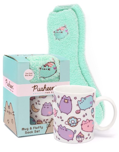Pusheen Mug and Socks Gift Set for Adults Kids | Novelty Cat Cup with One Size Fluffy Slippers | Animated Blue White Ceramic Homeware 11 Oz