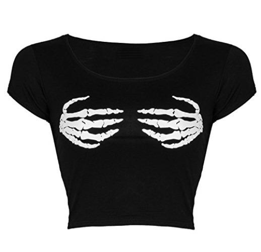GirlzWalk Women Ladies Halloween Short Cap Sleeve Skeleton Hand Skull Print Crop Top - Black Skull Hands - 8-10