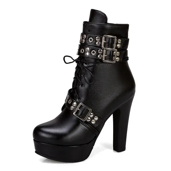 VOMIRA Women's Ankle Boots Platform Pointed Toe Chunky Block High Heel Lace-Up Suede Vintage Boots with Zipper