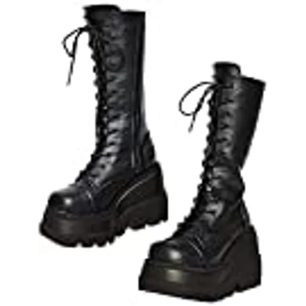 Womens High Platform Mid Calf Wedges Chunky High Heel Side Zip Fanshion Combat Boots For Women Black