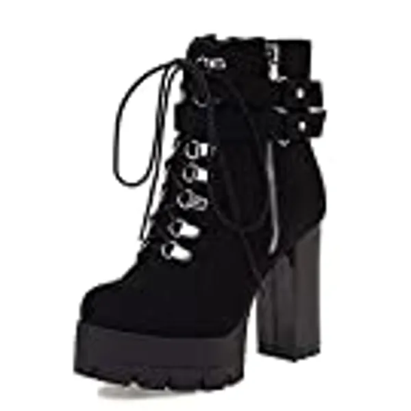 VOMIRA Women's Ankle Boots Platform Pointed Toe Chunky Block High Heel Lace-Up Suede Vintage Boots with Zipper