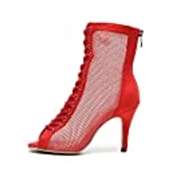 HROYL Open Toe Dance Boots Women Latin Salsa Ballroom Lace-up Ankle Dance Shoes,Model QJW7179/7180