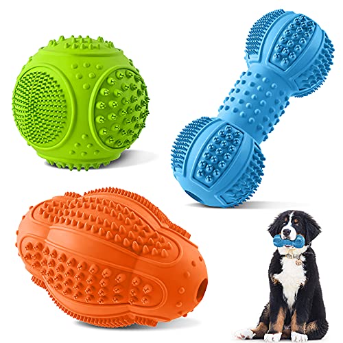 LUKITO Dog Chew Toys 3 Pack for Aggressive Chewers, Multifunctional Teeth Cleaning and Gum Massage, Tough Toys with Natural Rubber for Large and Medium Dog - Blue-Green-Orange