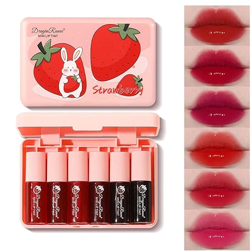 6 Colors Lip Tint Stain Set, Korean Velvet Watery Lip Stain Moisturizing Mini Liquid Lipstick, Multi-use Lip and Cheek Tint, Long lasting Non-Stick Cup Waterproof, Lip Color Makeup - Strawberry