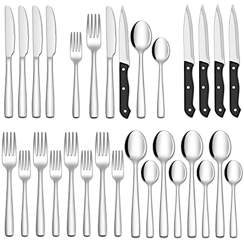 Hiware 24-Piece Silverware Set with Steak Knives, Stainless Steel Flatware Cutlery, Mirror Polished Utensils Set for 4, Includes Forks Spoons Knives Silverware, Dishwasher Safe - Silver