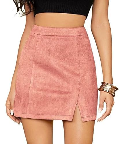 ATHX Women's Faux Suede High Waist Mini Short Skirt Zipper Side Split Stretchy A-Line Bodycon Skirts - Large - Pink