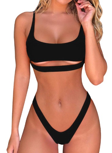 Byoauo Sexy Bikini for Women Cutout Underboob Top with High Cut Cheeky Bottom Bathing Suit - Black Small