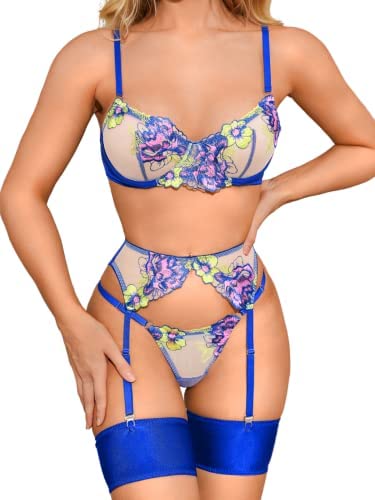Kaei&Shi Floral Embroidered, Underwire, G-String, Garter Belt, 4 Pieces Lingerie - Royal Blue 0-2