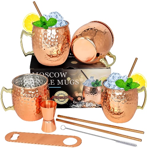 Moscow Mule Copper Mugs- Set of 4 Copper Plated Stainless Steel Mug 18oz, for Chilled Drinks (4 pcs)