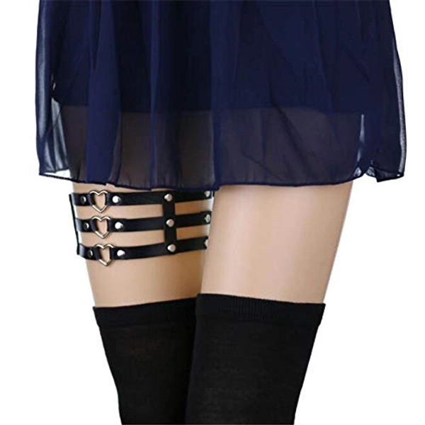 Black Sugar Pièce De Harnais Résistant Jarretière Cuir Coeur Sangle Triple Lanières Rubans Jambe Punk Gothique Lolita Métal Réglable Déguisement Cosplay Femme Fille Noir