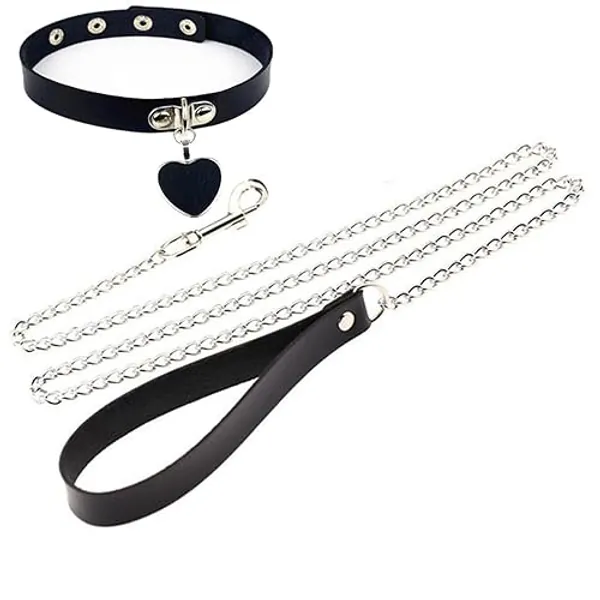 hhsbeauty Ensemble De Salle De Bain Bijoux Accessoires Amour Forme Pendentif Lien Chaîne en Métal Femmes Collier Collier Sexy en Cuir Traction Punk Cloche du Cou Corde Intime Accessoire Body Unisexe - Le Noir - Taille unique