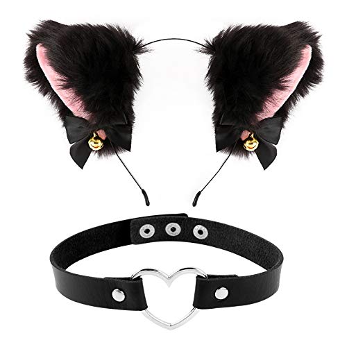 FLOFIA Serre-tête de renard à oreilles pliées + collier ras du cou avec clochette pour femme fille cosplay fête costumée - Noir+ Rose