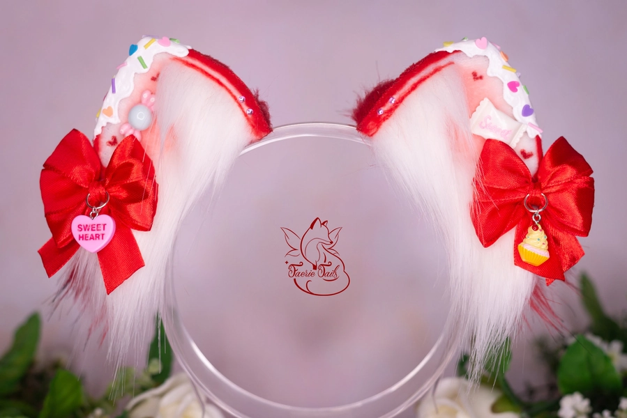 Sweet Love Kitten Ears Headband - Cosplay Red White Candy Sprinkles Cat Ears - Realistic Faux Fur Ears