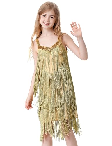 Cuecutie Kids Sequin Fringe Dress Sparkling Tassel Sleeveless Latin Dance Dress Salsa Dancewear Dancer Outfits for Girls - X-Small - Gold