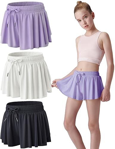 3 Pack Girls Flowy Shorts with Spandex Liner 2-in-1 Youth Butterfly Skirts for Fitness, Running, Sports - Medium - Lavender/White/Black