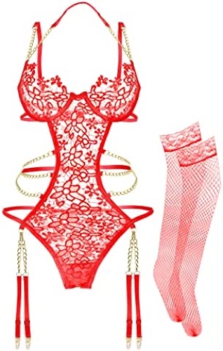 Women Lingerie Set Floral Lace Teddy Strap Chain Babydoll Bodysuit Bra and Panty Set with Garter Belts - Large Red