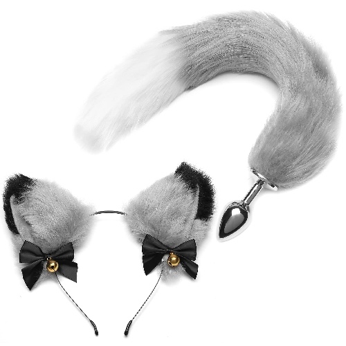 AKStore Fox Tail Anal Butt Plug Sex Toys for SM & Cospaly (Grey-White + Ear)