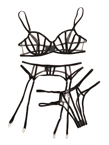 Lilosy Sexy Underwire Colorful Kawaii Cute Sheer Garter Belt Lingerie Set Bra and Panty 3 Piece - Large Strappy Black
