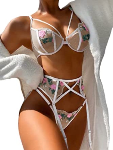 Kaei&Shi Floral Embroidered, Underwire Bra, Thong, Garter Belt Lingerie, 3 Piece - White Large