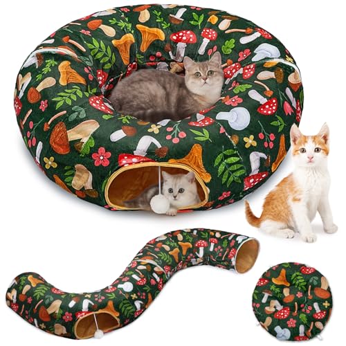 Cat Tunnel Bed, Cat Tunnels Cat Toys for Indoor Cats S-Shape Cat Tube and Cat Donut Tunnel Cave Large Cat Toys Interactive Cat Stuff Supplies - Round - Mushroom