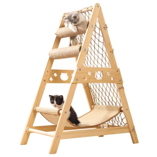 emopaw 34'' H Wooden Cat Tree, Triangle Design with Cat Hammock & Sisal Scratch Post & Feather Toys, Solid Wood Cat Tower for Kitten or Small Cat