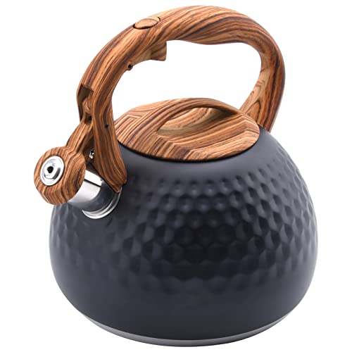 Foedo Tea Kettle, 3.2 Qt Stainless Steel Whistling Tea Kettle for Stove Top, Food Grade Teapot with Wood Pattern Handle for Coffee, Tea, Milk etc, Gas Electric Applicable (Black) - Black