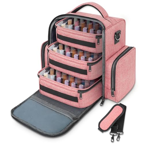 YOREPEK Nail Polish Organizer Holds 72 Bottles (15ml-0.5 fl.oz) Large Nail Polish Carrying Case with 3 Removable Pouches and 4 Zippered Pockets for Manicure Tools, Supplies, Nail Lamp, Gift for Women - Pink