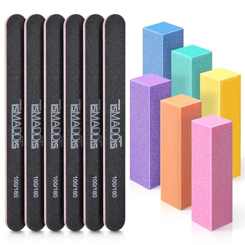TsMADDTs Nail Files and Buffer, Professional Manicure Tools Kit Rectangular Art Care Buffer Block Tools 100/180 Grit 12Pcs/Pa(Black) - Black