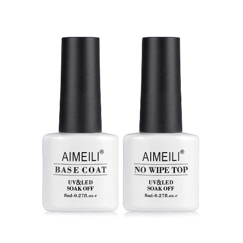 AIMEILI Soak Off UV Gel Polish Base Coat and No Wipe Top Coat Set Upgraded Formula Long Lasting Mirror Finish Gel Polish 2x8ml