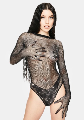 Glow & Glitter Rhinestone Fishnet Bodysuit | ONE SIZE